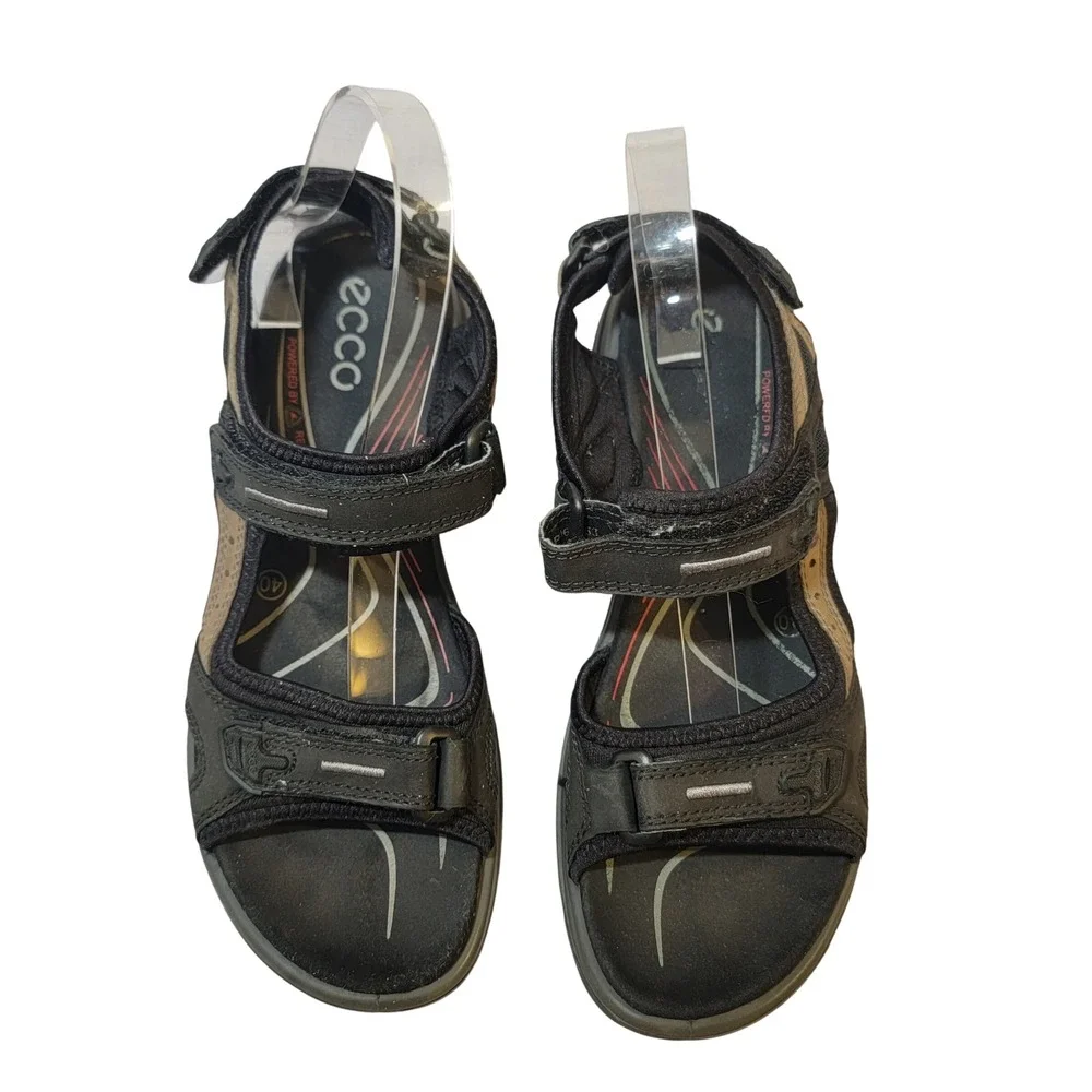 ECCO Offroad Yucatan Walking Sandals Tan Black Nubuck Leather EU 40 US 9-9.5 EUC